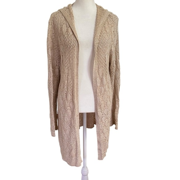 J.Jill Long Open Front Hooded Crocheted Cardigan Size M Beige Lightweight Spring - Picture 1 of 8